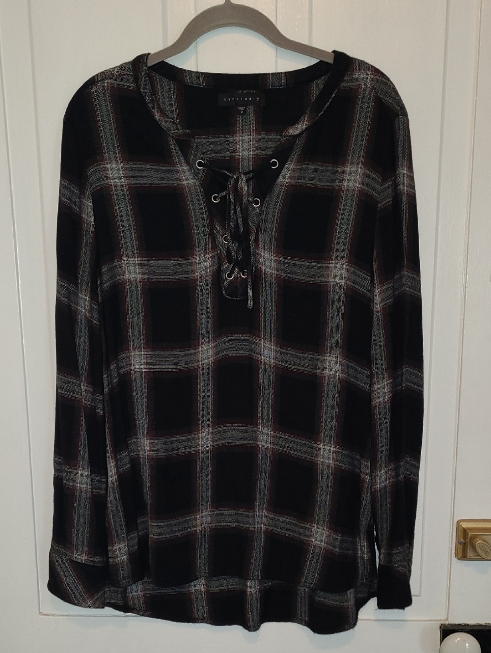 Lace-Up Plaid Tunic Top in Black and Gray